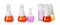 Set of laboratory flasks and beaker with colorful liquids on white background. Chemical reaction