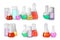 Set of laboratory flasks and beakers with colorful liquids on white background. Chemical reaction