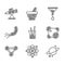 Set Laboratory glassware, Atom, Planet Saturn, Molecule, Bacteria, Funnel filter and Telescope icon. Vector