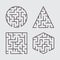 A set of labyrinths for children. A square, a circle, a hexagon, a triangle. A simple flat vector illustration isolated on a gray