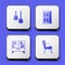 Set Lamp hanging, Wardrobe, Library bookshelf and Armchair icon. White square button. Vector
