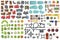 Set Landscape elements, top view. House, garden, tree, lake, swimming pools, bench, road, cars, people. Landscaping symbols set