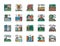 Set of Landscape and Megapolis Flat Color Line Icons. Bridge, Desert and more.