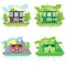 Set of landscapes with modern houses. Family home or tourist house in flat design. Green silhouette. Eco illustration
