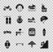 Set Landslide, Surfboard, Bicycle helmet, Jet ski, Aqualung, Mountain bike and Snowmobile icon. Vector