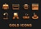 Set Laptop, Binary code, Man hat, Gamepad, Table lamp, School backpack, Sweater and Pendulum icon. Vector