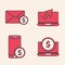 Set Laptop with dollar, Envelope with coin dollar, Laptop and cursor and Smartphone with dollar icon. Vector