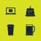 Set Laptop with envelope, Glass of beer, Coffee cup and Pudding custard icon. Vector