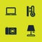 Set Laptop, Table lamp, Photo camera and Meteorology thermometer icon. Vector