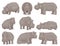 Set of large gray hippo in different actions. African animal. Wild creature. Wildlife theme. Flat vector design