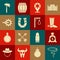 Set Lasso, Money bag, Cowboy boot, Hexagram sheriff, Horseshoe, Spur, Tomahawk axe and Gallows icon. Vector