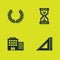 Set Laurel wreath, Triangular ruler, Hotel building and Hourglass pixel icon. Vector