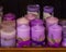Set of lavender colored candles, handmade. Square photo. Selective focus