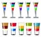 set of layered alcoholic cocktails in different colors on a white background