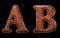 Set of leather letters A, B uppercase. 3D render font with skin texture isolated on black background.