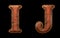 Set of leather letters I, J uppercase. 3D render font with skin texture isolated on black background.