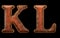 Set of leather letters K, L uppercase. 3D render font with skin texture isolated on black background.