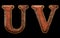 Set of leather letters U, V uppercase. 3D render font with skin texture isolated on black background.