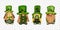 Set leprechaun with four leaves clovers on transparent background, Cute elements for St Patrick day greeting card,Gnomes with