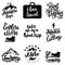 Set of lettering motivation phrases with travel and adventure elements mountain, camping, tourism