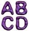 Set of letters A, B, C, D made of realistic 3d render natural purple snake skin texture.