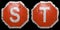 Set of letters S, T made of public road sign in red and white with a capital in the center isolated on black background