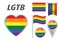 Set of LGBT related symbols in rainbow colors. Pride, freedom flags, heart, pointer, button, waving and hanging flag. LGBT