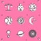 Set Libra zodiac, Rooster, Planet Earth, Mercury, Solar system, Moon and stars, Solstice and Saturn icon. Vector