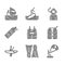 Set Life jacket, Flippers for swimming, Kitesurfing, Aqualung, Kayak and paddle, and Windsurfing icon. Vector