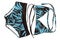 A set of light blue and black colored ladies swimming shorts and trikini with leaf patterns