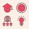 Set Light bulb with concept of idea, Graduation cap on globe, Clock and Computer network icon. Vector