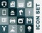 Set Light bulb, Floppy disk, Pencil, Calendar, Glue, Mobile phone, Headphones and Cloud database icon. Vector