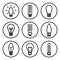 Set of light bulb icons, different lamp, Black round pictogrames, outline design. Vector