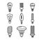 Set of Light Bulbs of Various Shapes Icons Isolated on White Background. Monochrome Idea Signs, Lighting Electric Lamps