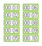 Set of light green digital clocks showing from one minute to ten minutes