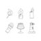 Set of light icons: match, candle, lighter, flashlight, table lamp, lighthouse