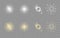 Set of the light, spotlight, starlight elements. Glow isolated white and gold light effect set, explosion, spark, stars, sunbeams