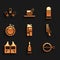 Set Lighter, Bullet, Trap hunting, Shotgun, Hunting jacket, Canteen water bottle, and Cartridges icon. Vector