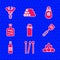 Set Lighter, Matches, Campfire, Spatula, Beer bottle, Cutting board, Salt and Sausage on the fork icon. Vector