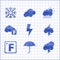 Set Lightning bolt, Classic elegant opened umbrella, Storm, Fahrenheit, and cloud, Cloud with rain sun and Snowflake