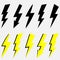 Set of Lightning bolt. Thunderbolt, lightning strike. Black and yellow flash on white background. Modern flat style