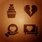 Set Like and heart, Wedding cake with heart, Heart on hand and Broken heart or divorce on wooden background. Vector