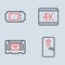 Set line 4k movie, VHS video cassette tape, Backstage and Cinema ticket icon. Vector