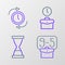 Set line From 9, Old hourglass with sand, Work time and Clock arrow icon. Vector