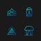 Set line African hut, Chichen Itza in Mayan, Tourist tent and Camping lantern. Gradient color icons. Vector