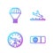 Set line Airline ticket, Compass, Box flying on parachute and Plane landing. Gradient color icons. Vector