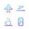 Set line Airplane window, Coffee cup, Plane and Plane takeoff. Gradient color icons. Vector