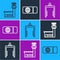 Set line Airport control tower, Metal detector in airport and Airline ticket icon. Vector