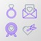 Set line Amour with heart and arrow, Heart in the center of darts target aim, Envelope and Wedding rings icon. Vector