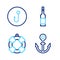 Set line Anchor, Lifebuoy, Bottle of vodka and Fishing hook icon. Vector